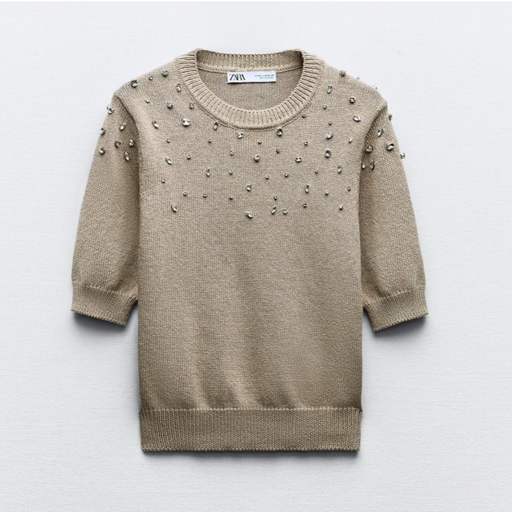 Zara Beige Embellished Crew Neck Sweater